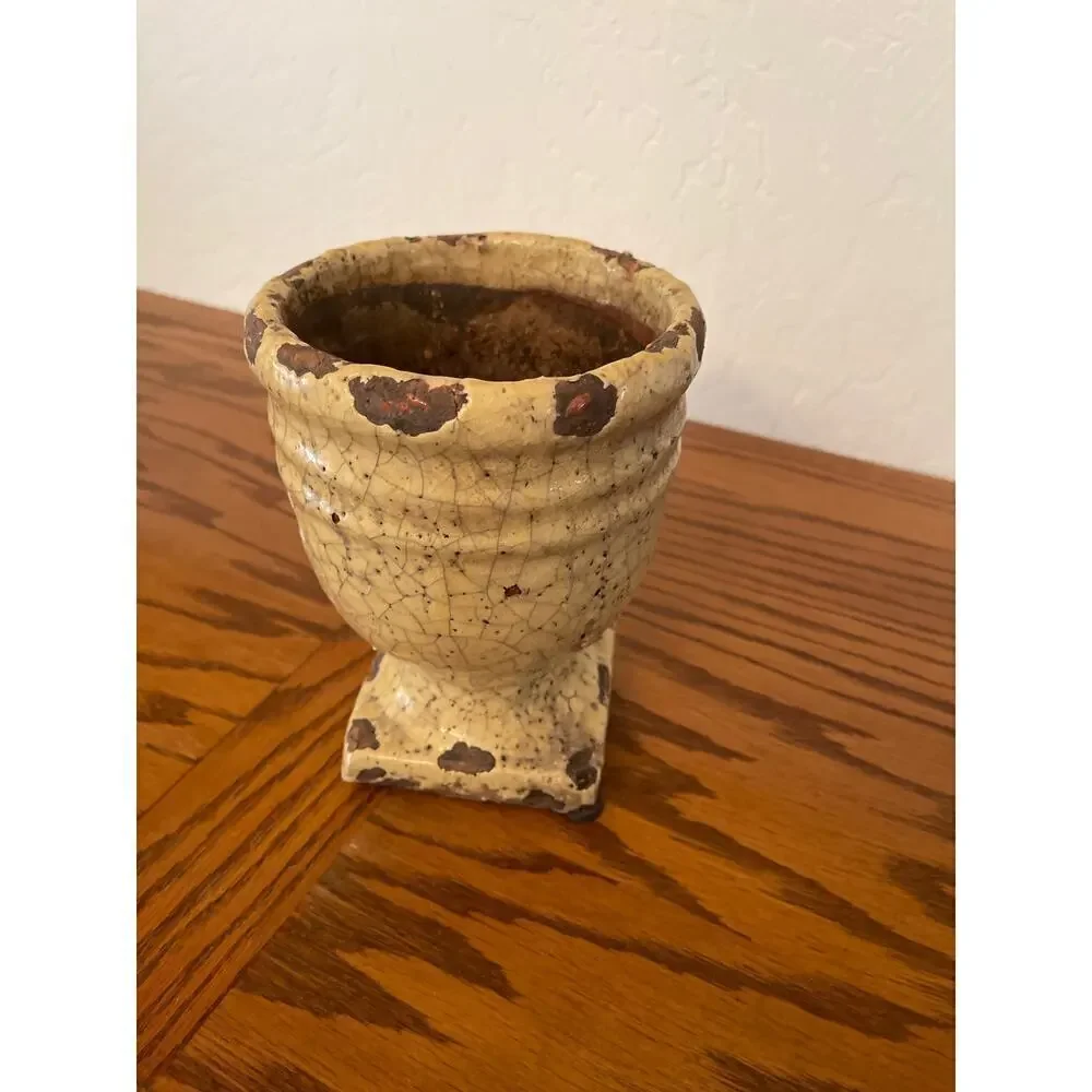 Rustic Terracotta Footed Cachepot with Raku Glaze in Muted Butter Color